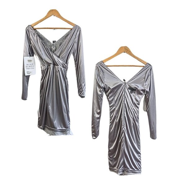 NWT AIDAN MATTOX Silver Sequin Embellished LS Faux Wrap Cocktail Mini Dress Sz 4 - Picture 9 of 10